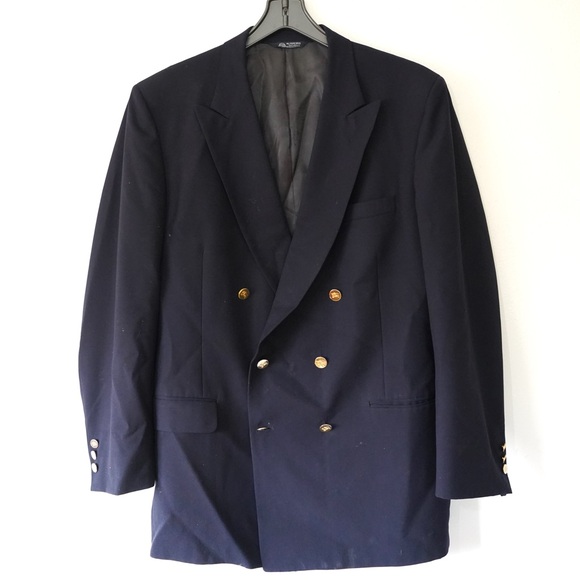 Vintage Burberry Nautical Double Breasted Blue Wool Blazer Gold buttons Size XL